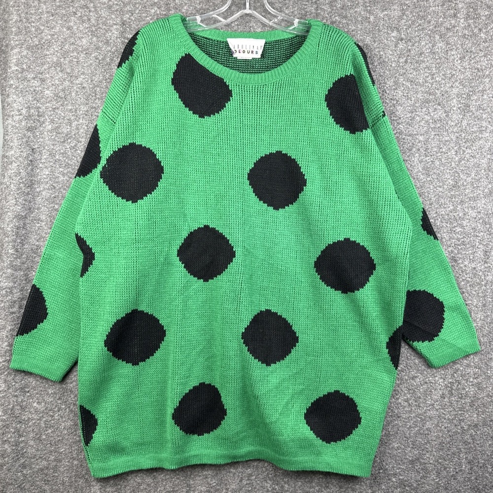 Vintage 90s Carolina Colours Sweater Green Black Polka Dot‎ Acrylic Made USA OS